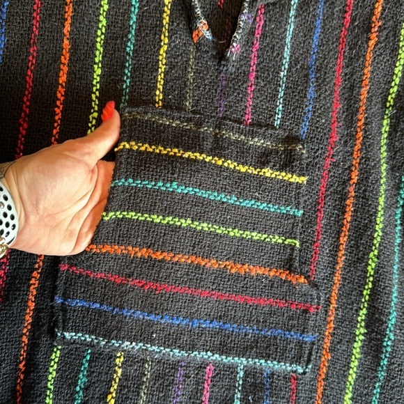 La Malinche rainbow and black striped hoodie drawstring hood pouch front bright - Picture 6 of 10